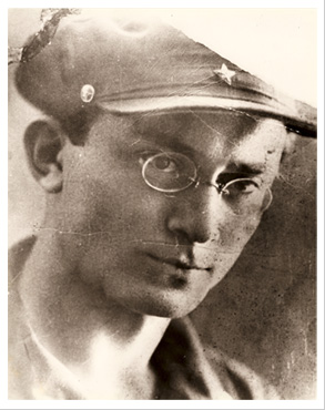 Mark Lvovich Babad — uniform cap with red star, round eyeglasses, looking off to the side. Family-confirmed portrait.
